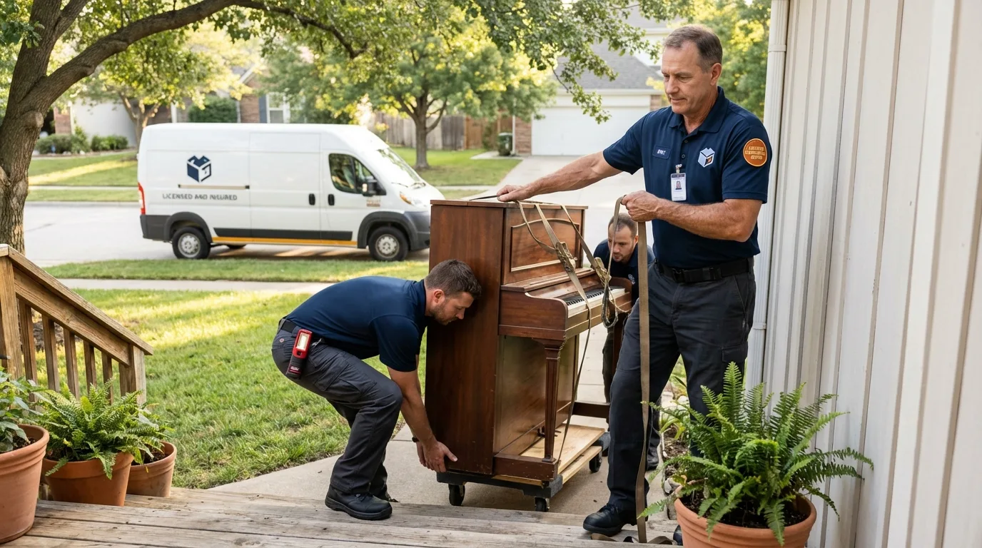 Licensed piano movers securing grand piano in Sunnyvale, TX