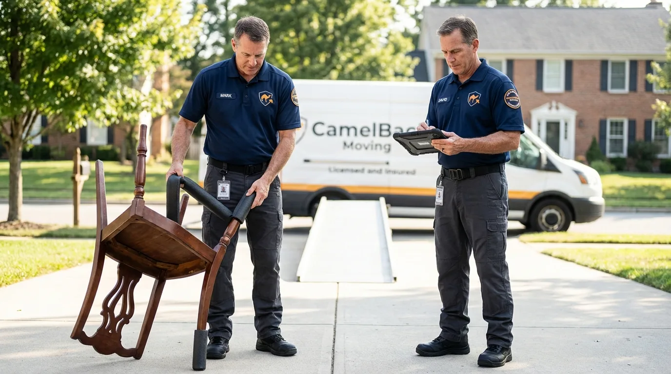 Movers inspecting furniture for damage prevention before loading in Sunnyvale, TX